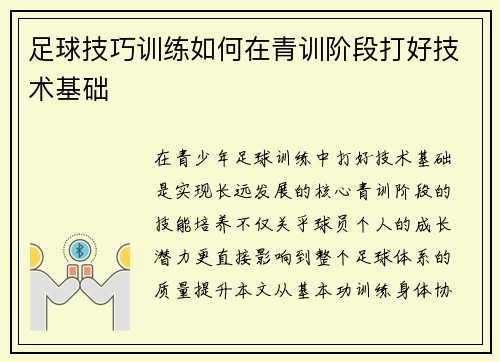 足球技巧训练如何在青训阶段打好技术基础